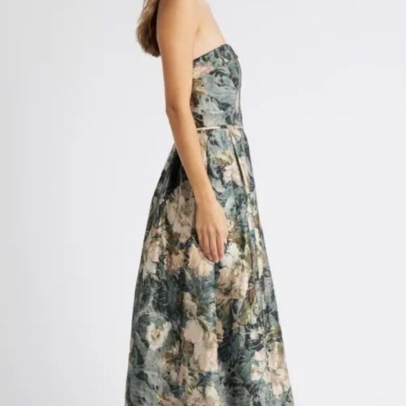 Tahari Sage Green Multi Floral Crushed Taffeta Strapless Ball Gown - Picture 3 of 6